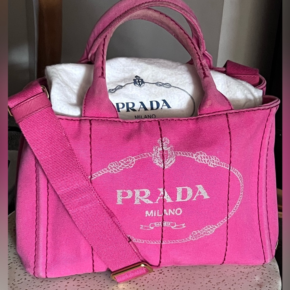 Prada Pink Canvas Logo Tote Bag with strap